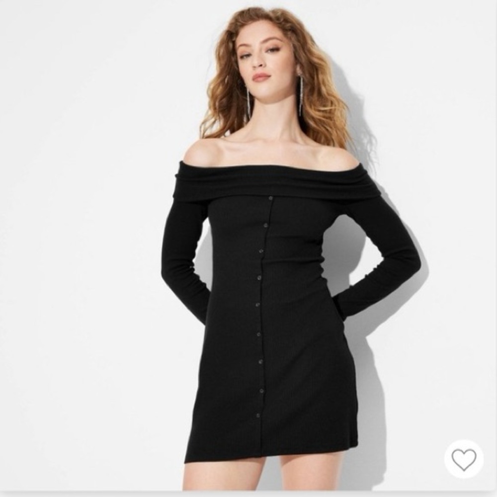 Wild Fable Off-Shoulder Black Dress medium M Womens ribbed bodycon chic clean